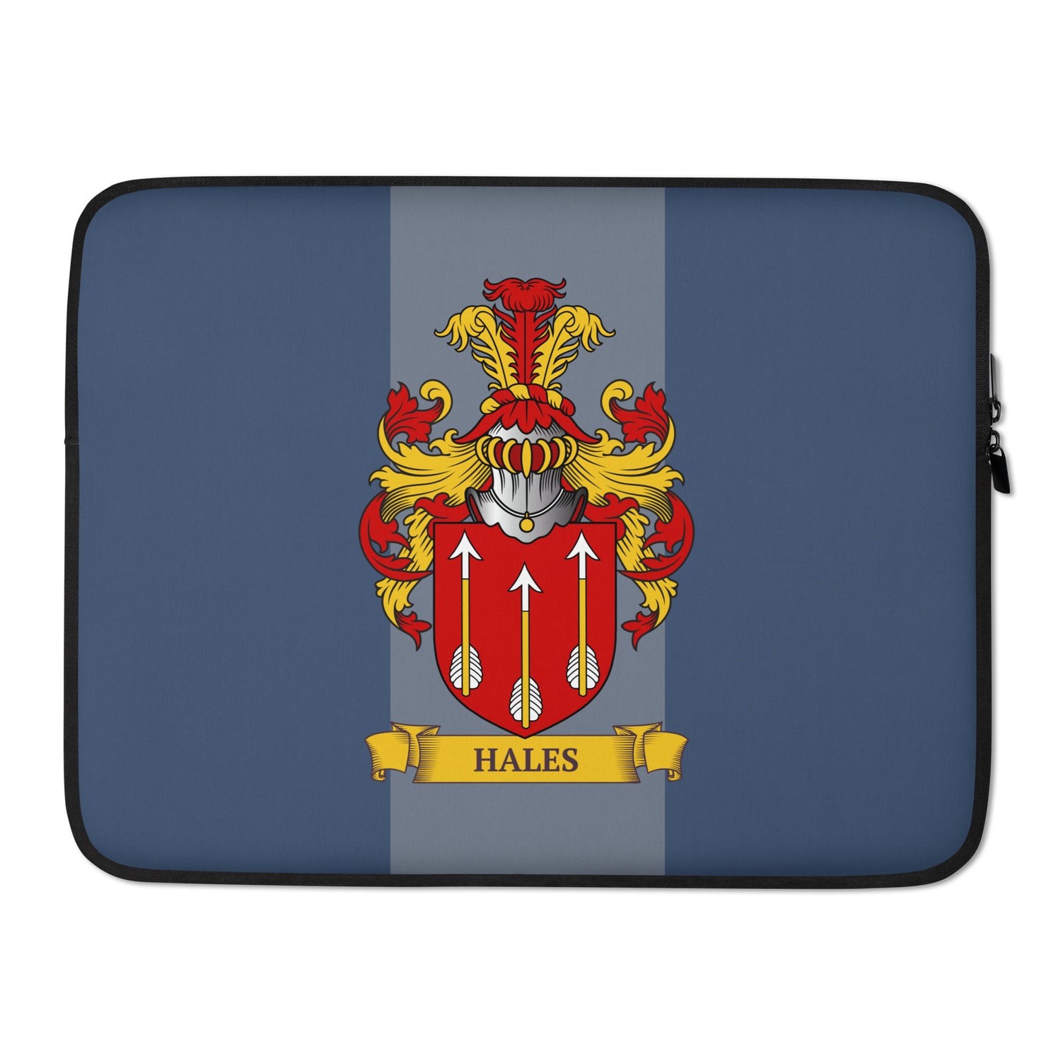 Navy 15" Laptop sleeve with a coat of arms design on a 2 tone blue background