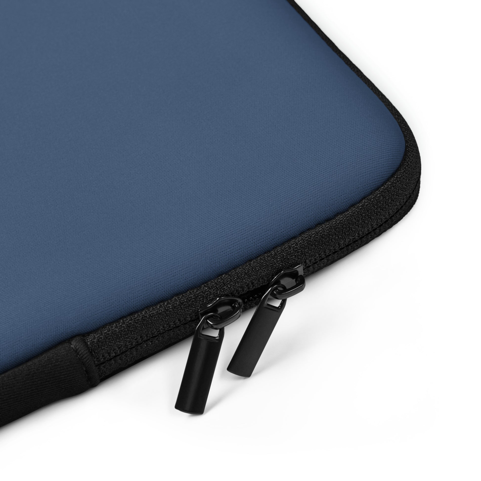 Blue laptop sleeve with black zipper on a white background