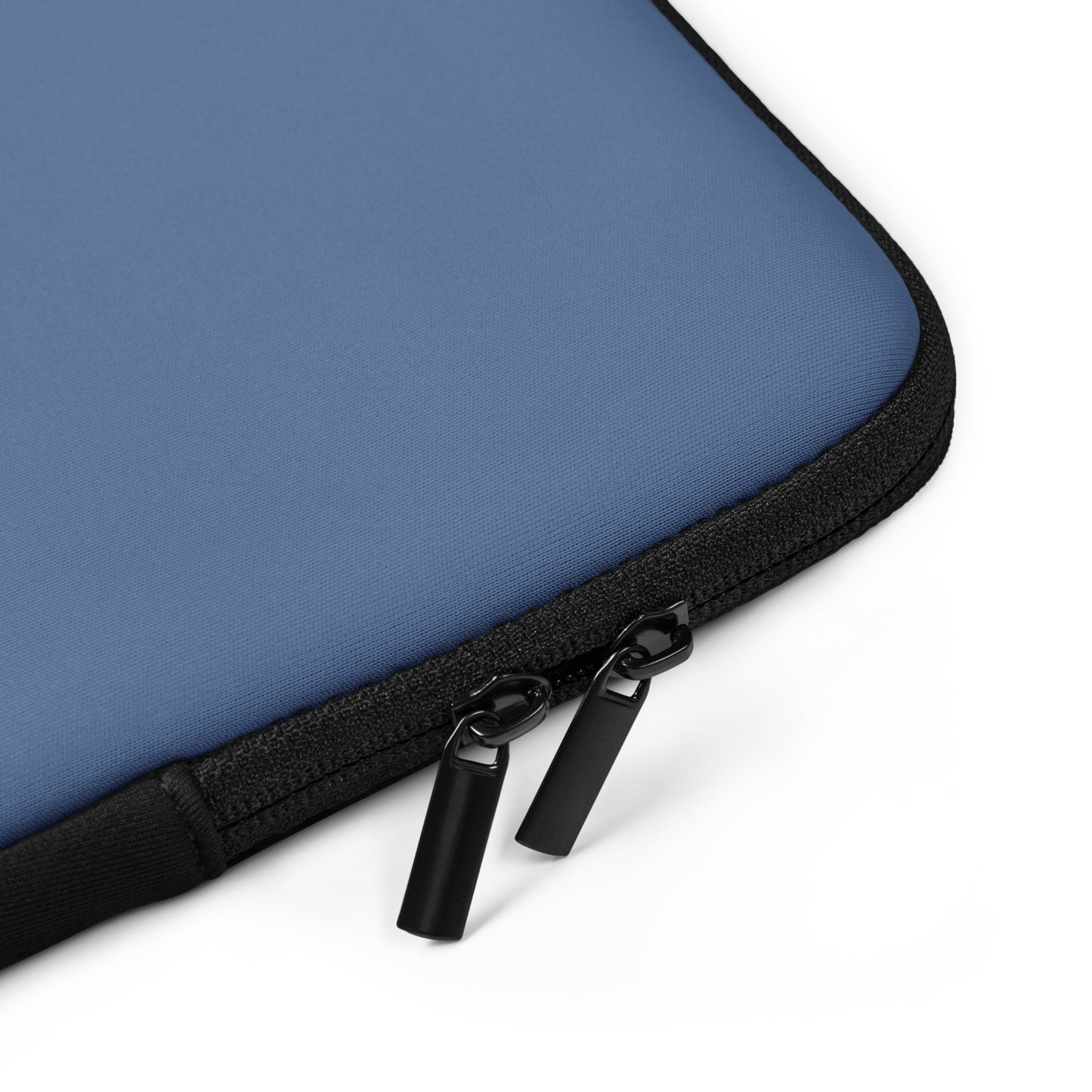 Blue laptop sleeve with black zipper on a white background