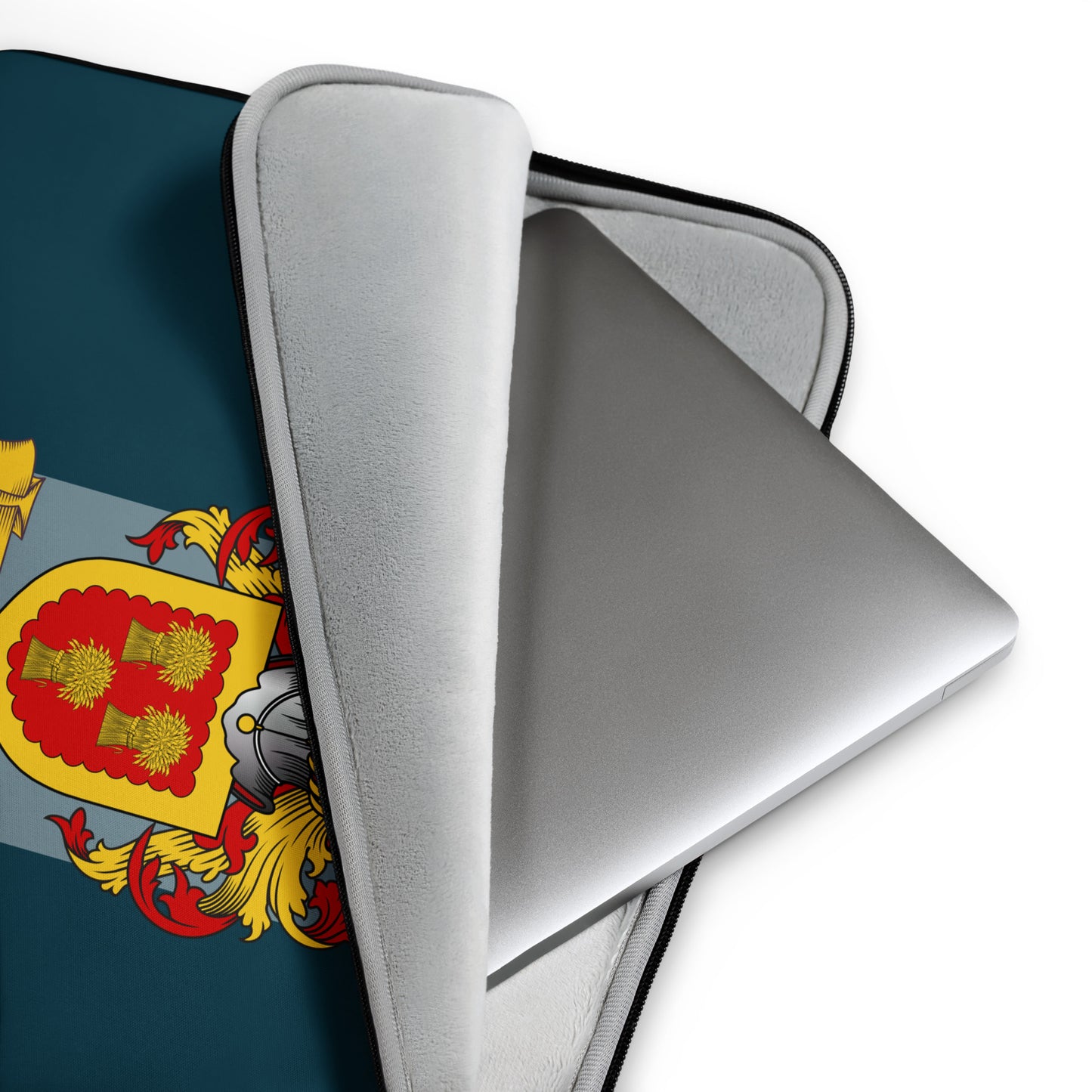 Teal Laptop sleeve with a protective case featuring a coat of arms design.