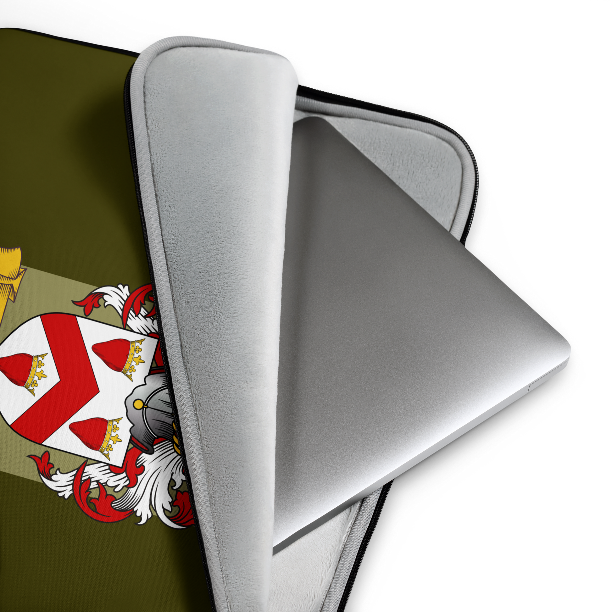 Green Laptop case with a coat of arms design on a white background