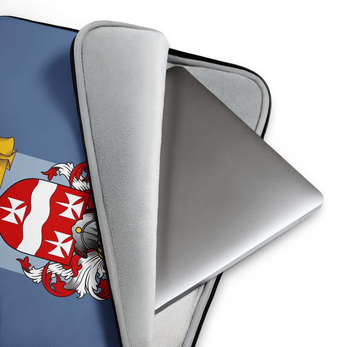 Blue laptop case with a coat of arms design on a blue background
