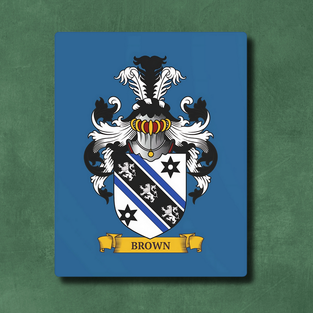 Blue metal print with a Family crest, on a green wall.