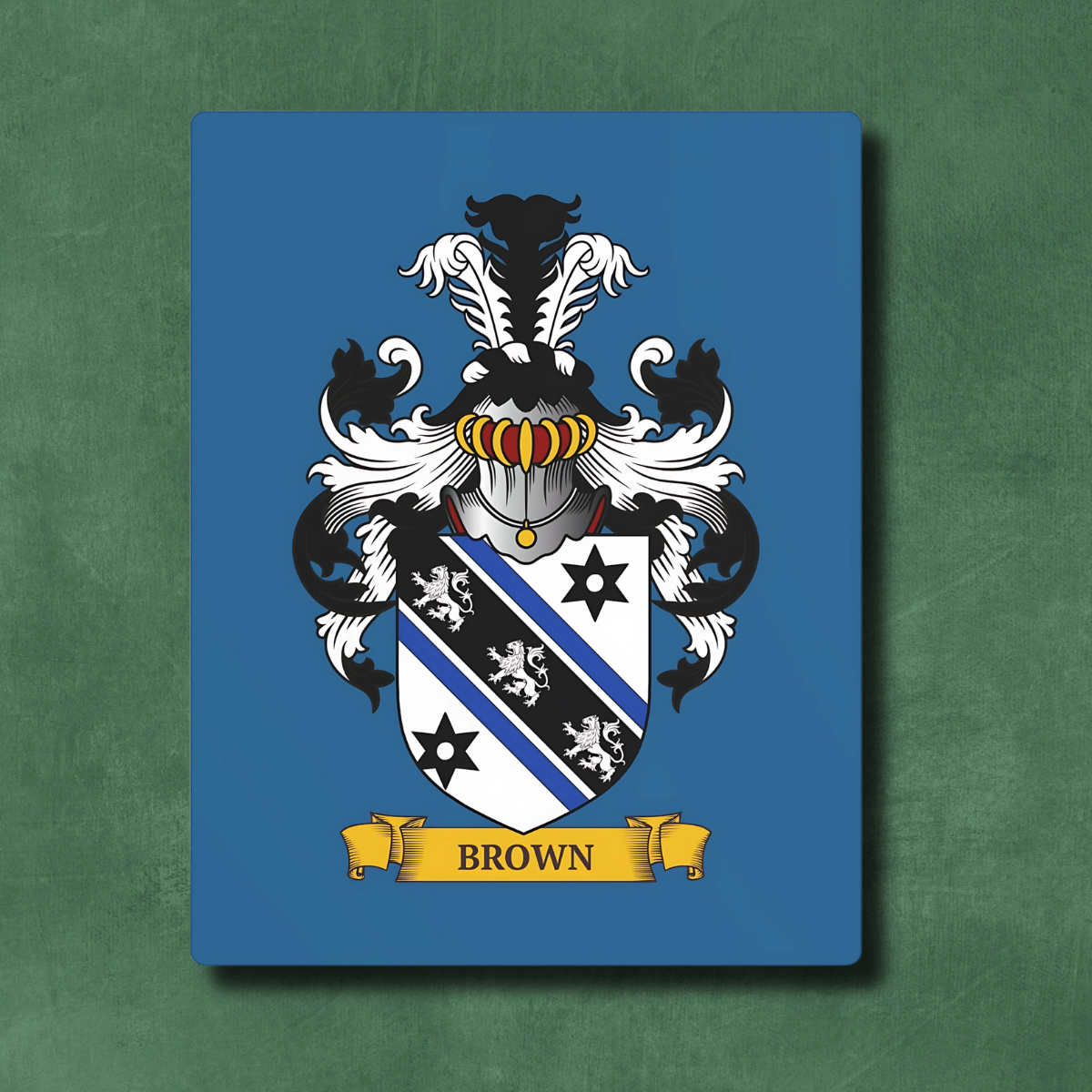 Blue metal print with a Family crest, on a green wall.